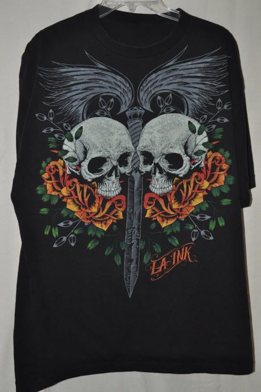 LA INK   Tattoo T Shirt Skull/Wings/Sword/Roses L/XL  