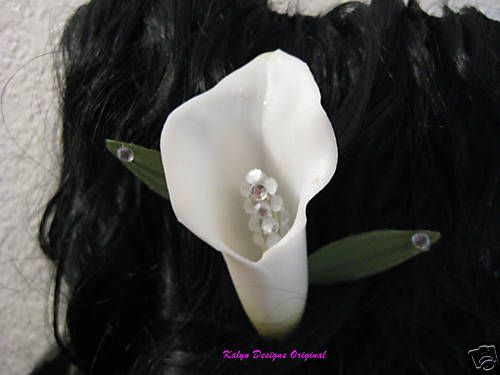 Large Calla Lily w/ Leaves & Crystals Hair Comb~Bridal  