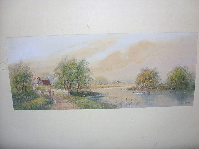 c1890s SIGNED E. LEWIS WATER COLOR PAINTING FARM RIVER  