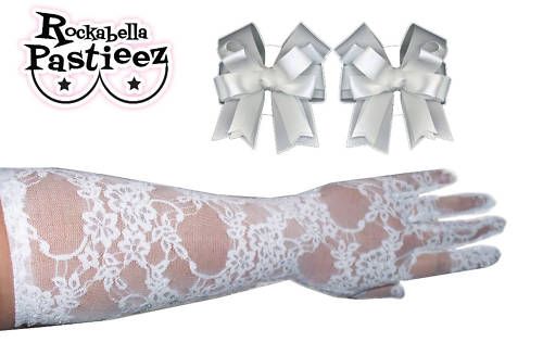 Elbow Length white lace gloves & bow pasties wedding  