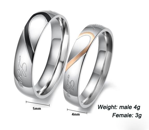 Classic Heart Love Titanium Steel Promise Ring Couple Wedding Bands 