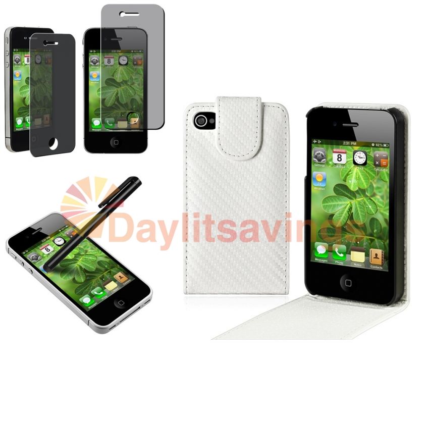 White Leather Case Skin+Stylus+Privacy SPT For iPhone 4 s 4s 4G Gen 