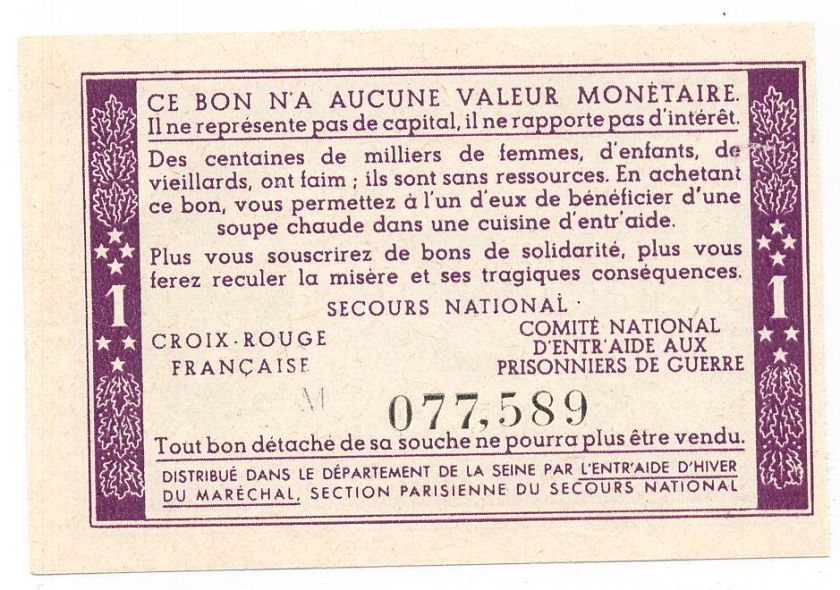 FRANCE 1 Franc 1943 UNC * Bon de solidarité PETAIN  