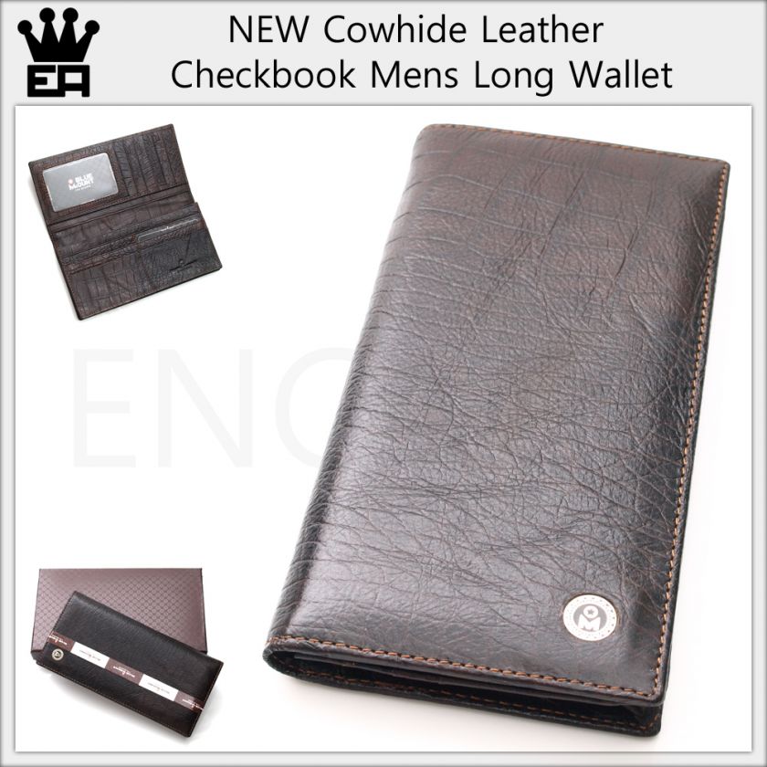 NEW BROWN Cowhide Leather Checkbook Long Mens Wallet  